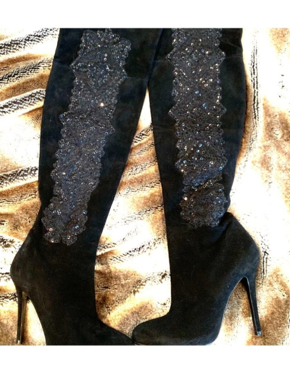 Ralph Lauren Collection Embellished beaded Black Suede Knee-High boots 8.5
